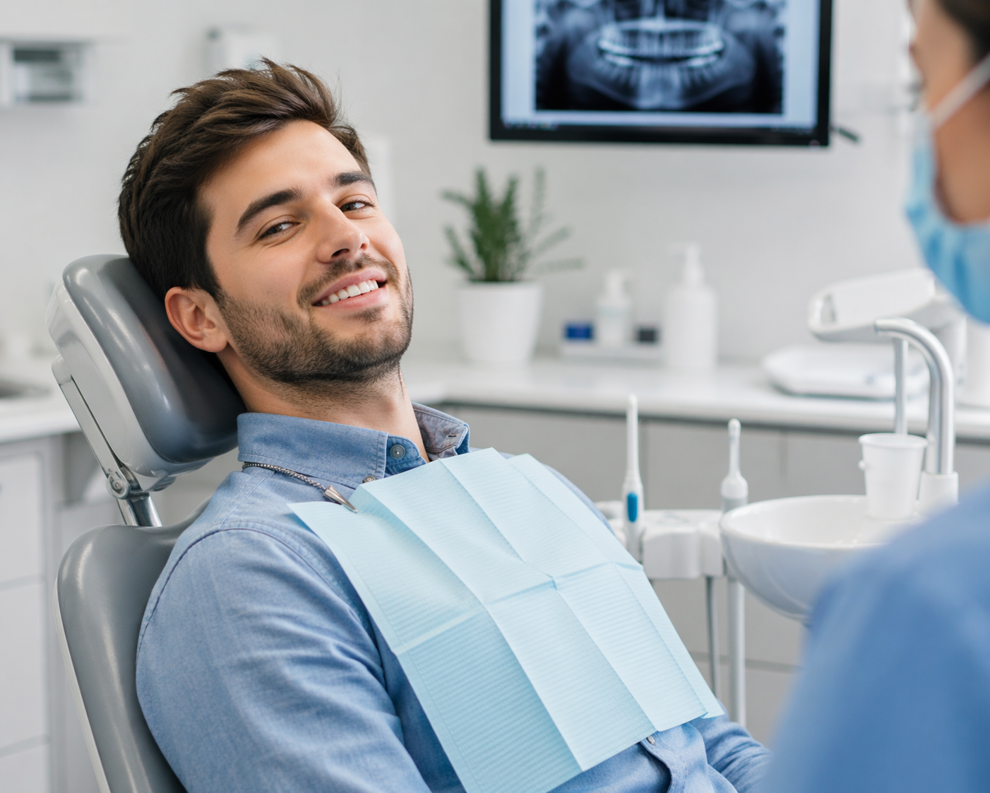 Smiling patient in a dental chair during a consultation
